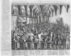 Versammlung der erlauchten Fürsten Deutschlands im Bischofssaal von Augsburg in Anwesenheit von Karl V. am 25. Juni 1530