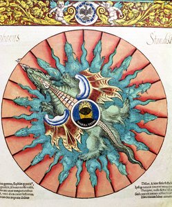 BT1.70.2 Eine Sonnenfinsternis, Illustration aus Astronomicum Caesareum von Peter Apian (Bennewitz) (1495-1552) veröffentlicht in Ingolstadt, 1540 (kolorierter Holzschnitt)