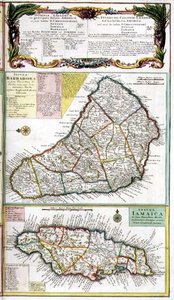 Barbados und Jamaika, Detail aus einer Karte der englischen Kolonien in der Karibik, veröffentlicht von Homanns Erben, Nürnberg, um 1750 (Detail)