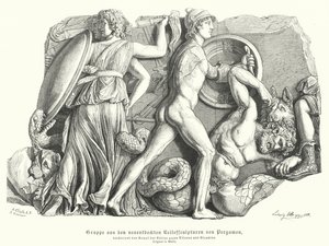 Kampf zwischen den Göttern und Titanen und Riesen, antikes griechisches Relief aus Pergamon von German School