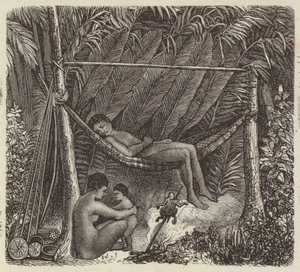 Brasilianischer Eingeborener ruht in einer Hängematte (Stich) von German School