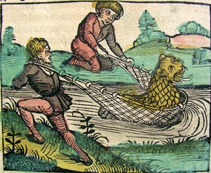 Fangen eines Löwenwels-Monsters, veröffentlicht in der Nürnberger Chronik, 1493 von German School