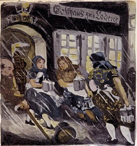 Personen auf der Terrasse der Brauerei Max Feldbauer im Schnee, München, Deutschland. Gravur von 1905. Paris, Decorative Arts