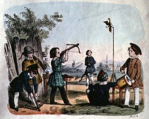 Kinder schießen auf ein Ziel mit einer Arkebuse, ca. 1860