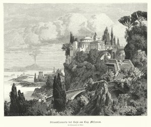 Küste der Bucht von Neapel von der antiken römischen Stadt Baiae, Kap Miseno, mit Vesuv im Hintergrund von German School