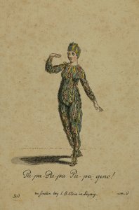 Kostümentwurf für die Rolle des Papageno in der Oper Die Zauberflöte von Wolfgang Amadeus Mozart, veröffentlicht in Leipzig von I. B. Klein, 1793
