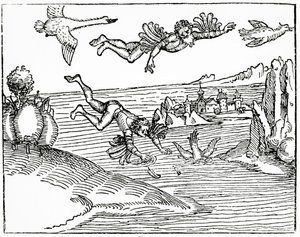 Daedalus, der mit seinem Sohn Ikarus aus Kreta flieht, sieht ihn zu seinem Tod stürzen, 1493