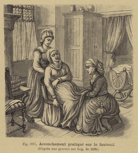 Geburt eines Babys mit der Mutter auf einem Gebärstuhl, 16. Jahrhundert von German School