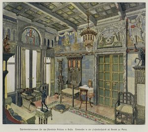 Entwurf für ein Zimmer im Königspalast in Sofia, Bulgarien, produziert von der A Bembe Möbelfabrik in Mainz, Deutschland von German School