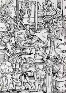 Verschiedene Formen der Bestrafung in Deutschland im Jahr 1500 für verschiedene Verbrechen, Gravur, Deutschland von German School
