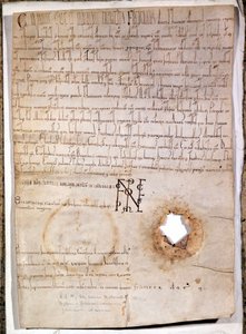 Diplom für das Krankenhaus von Mantua vom 10. Juli 1158. Das Dokument ist vom deutschen Kaiser Friedrich I. Barbarossa (1122 - 1190) unterzeichnet. Nationalarchiv von Mailand von German School