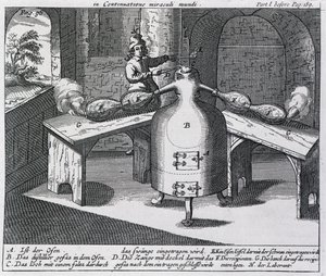 Destillation von Salpetersäure (Aqua fortis oder Scheidewasser) in einem Eisenmann mit zwei Nasen von German School