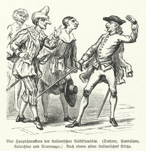 Dottore, Pantalone, Arlecchino und Scaramuccia, vier Charaktere aus der Commedia dell