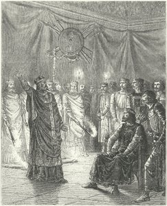 Edmund Rich, Erzbischof von Canterbury, droht König Heinrich III. mit Exkommunikation von German School