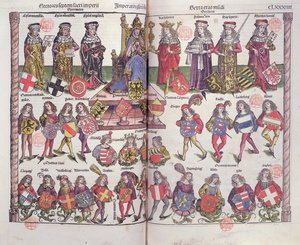 Kaiser und Kurfürsten des Heiligen Römischen Reiches mit vierundzwanzig deutschen Adligen, die ihre Wappen präsentieren von German School