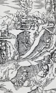 Gravur aus De re metallica (Über die Natur der Metalle) von Georg Pawer oder Georgius Agricola, veröffentlicht in Basel von German School
