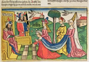 Esther wird von König Ahasverus zur Königin gewählt, aus der Nürnberger Bibel (Biblia Sacra Germanaica)