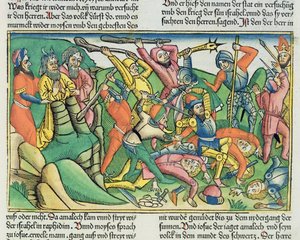 Exodus 17:8-15 Aaron und Hur stützen Moses Hände, um den Sieg der Israeliten über die Amalekiter zu sichern, aus der Nürnberger Bibel (Biblia Sacra Germanaica)