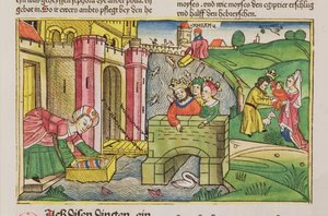 Moses wird den Nil hinuntergeschickt und von einer der Frauen des Pharaos entdeckt, aus der Nürnberger Bibel (Biblia Sacra Germanaica)
