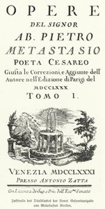 Faksimile der Titelseite einer venezianischen Ausgabe der gesammelten Werke des italienischen Dichters und Librettisten Pietro Metastasio (Lithografie) von German School