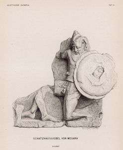 Figur eines Riesen vom Giebel des Schatzhauses von Megara, Olympia, Griechenland (Gravur) von German School