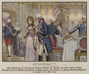 Erstes Treffen von Kronprinz Friedrich Wilhelm von Preußen und seiner zukünftigen Braut, Prinzessin Louise von Mecklenburg-Strelitz im Hauptquartier seines Vaters, König Friedrich Wilhelm II., in Frankfurt von German School