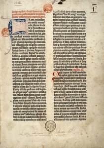 Erste Seite der Bibel in Latein (Vulgata) von Gutenberg, vorbereitet in Mainz 1452 - 1454. Der Beginn des Briefes von St. Hieronymus an den Priester Paulinus, der sich mit allen Büchern der Heiligen Schrift befasst. von German School