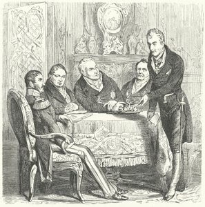 Friedrich Wilhelm III. von Preußen im Gespräch mit seinem Premierminister Karl August von Hardenberg und Klemens von Metternich, dem österreichischen Außenminister (Stich) von German School