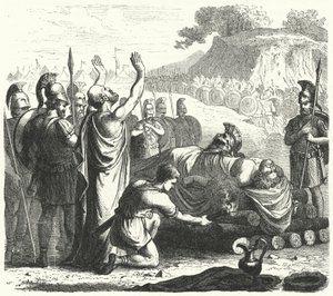 Begräbniszeremonie nach der Schlacht von Koroneia, 394 v. Chr. (Gravur) von German School