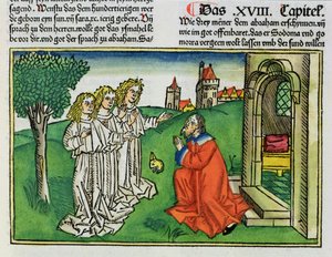 Genesis 18:2 Abraham und die drei Engel, aus der Nürnberger Bibel (Biblia Sacra Germanaica)