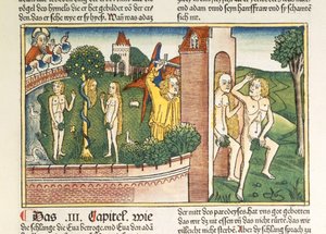 Die Versuchung und die Vertreibung aus dem Paradies, aus der Nürnberger Bibel (Biblia Sacra Germanaica)