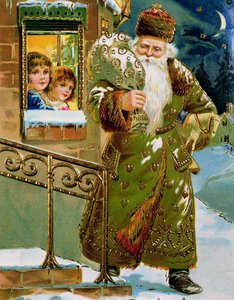 Grüngekleideter Weihnachtsmann, deutsche Karte, um 1900