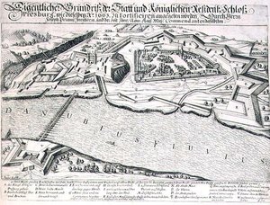 Grundriss der Stadt und Burg von Pressburg und ihrer Befestigungen im Jahr 1663, Illustration aus einem Buch über die osmanischen Feldzüge in Europa, graviert von Paul Furst von German School