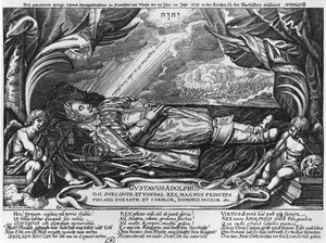 Gustav II. Adolf (1594-1632), König von Schweden, auf seinem Sterbebett, 1633 von German School