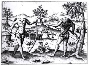 Kopfloser Männer und Frauen, Illustration aus Sir Walter Raleighs Bericht über Guyana, veröffentlicht in Nürnberg, 1599 von German School