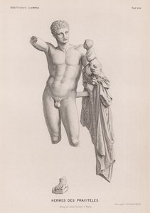 Hermes und der kleine Dionysos, Skulptur zugeschrieben Praxiteles, ausgegraben in Olympia, Griechenland (Gravur) von German School