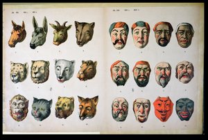Menschliche und tierische Karnevalsmasken, Seite aus einem Herstellerkatalog aus Mannebach, Thüringen, ca. 1865