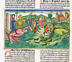 I Samuel 5:1-11 Die Philister erobern die Bundeslade und werden von der Plage heimgesucht, aus der Nürnberger Bibel (Biblia Sacra Germanaica)
