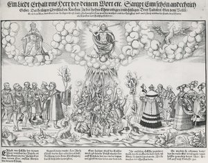 Illustration des Liedes von Martin Luther, das um Gottes Hilfe gegen das tödliche Werk des Papstes bittet
