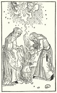 Illustration aus einer Abhandlung von Ulrich Molitor über Wahrsagerinnen und Hexerei (Gravur) von German School