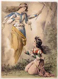 Illustration von Franz Hoffmanns Erzählungen „Tales and Fables - Die 3 Geschenke“: Der Wunsch, der von einer Fee erfüllt wird. Chromolithographie des 19. Jahrhunderts von German School