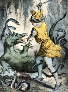 Illustration von Franz Hoffmanns Erzählungen „Märchen und Fabeln“: „Von Wunderhold und Tausendschön“ (ein Mann tötet ein Monster oder einen Drachen). Chromolithographie des 19. Jahrhunderts von German School