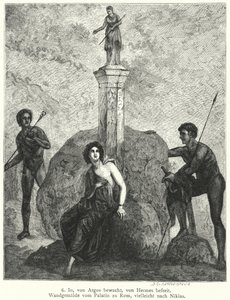 Io, bewacht von Argus Panoptes auf Befehl der Göttin Hera, beobachtet von Hermes, gesandt von Zeus, um sie zu entführen, römisches Wandgemälde (Stich)
