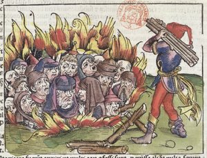 Juden auf dem Scheiterhaufen verbrannt, aus der Nürnberger Chronik von Hartmann Schedel, 1493