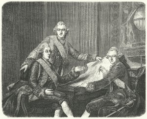 König Gustav III. von Schweden in Beratung mit seinen Brüdern Karl und Friedrich Adolf (Stich) von German School