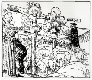 Luther (1483-1546) und Hus (1369-1415) mit Christus im Schafstall, ca. 1520-21 von German School