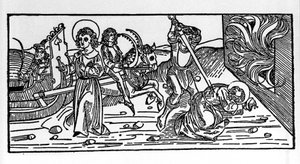 Martyrium des heiligen Polykarp von Smyrna (ca. 69-155), Bischof. Gravur aus dem „Leben der Heiligen - Sommerteil“ von Jacobus von Voragine