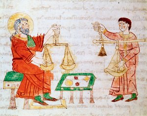 Händler verwenden Waagen zum Wiegen und Feilschen. Miniatur aus dem Manuskript „De Universo“ oder „De rerum naturis“ von Rabanus Maurus Magnentius (ca. 780-856). 9. Jahrhundert. Archiv von Monte C