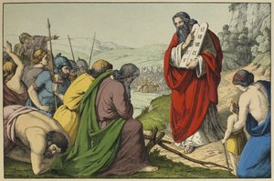 Moses und die Gesetzestafeln, Illustration aus dem Alten Testament, veröffentlicht von Jakob Ferdinand Schreiber, Esslingen (Farbstich) von German School