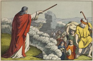 Moses teilt die Wasser des Roten Meeres, Illustration aus dem Alten Testament, veröffentlicht von Jakob Ferdinand Schreiber, Esslingen (Farbstich) von German School